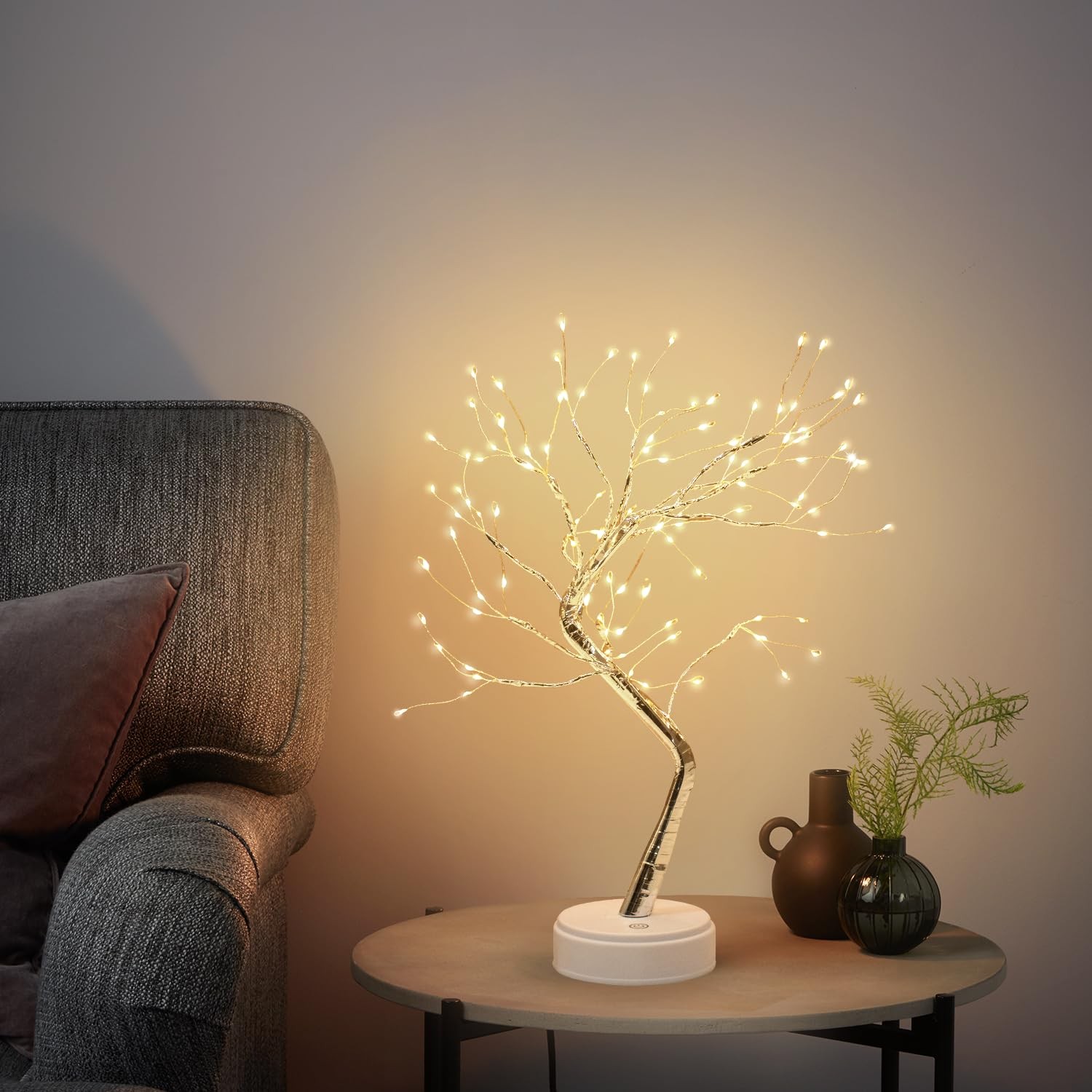 21 Inch LED Tree Lamp 108 LED USB Artificial Desktop Light Warm White Silver