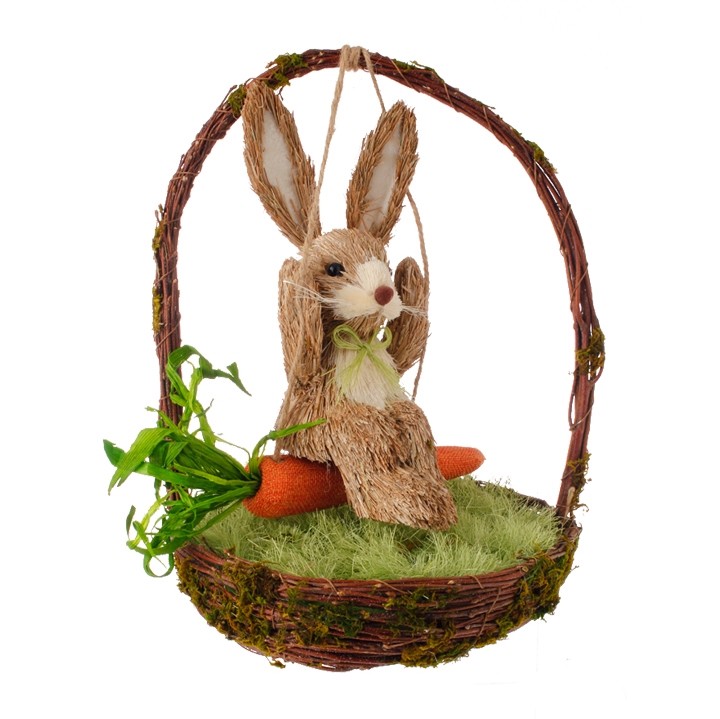 RAZ Imports~Grapevine Twig Spring Basket~Easter Bunny Rabbit Swinging on Carrot