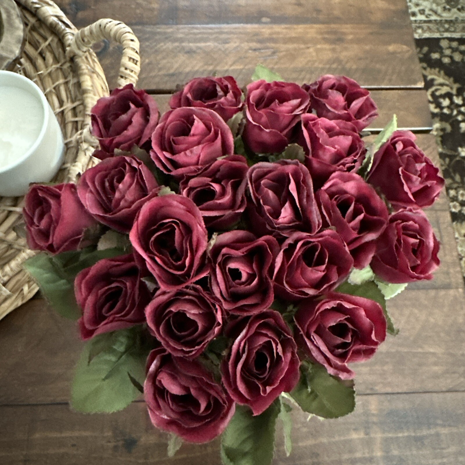 ARTIFICIAL 21 SILK RED ROSE BUDS TIED WITH A BOW IN BEIGE POT