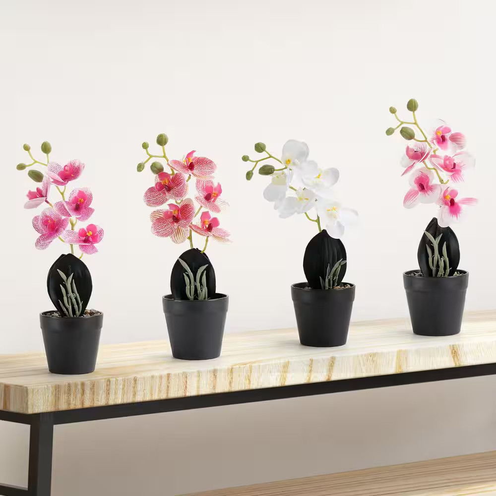 11 In. 4-Pieces Multi-Color Indoor Artificial Phalaenopsis Flower in Black Pot