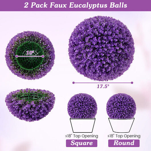 17.5 Inch 2 Pack Faux Eucalyptus Decorative Balls with 7 Layers Leaves-Purple –