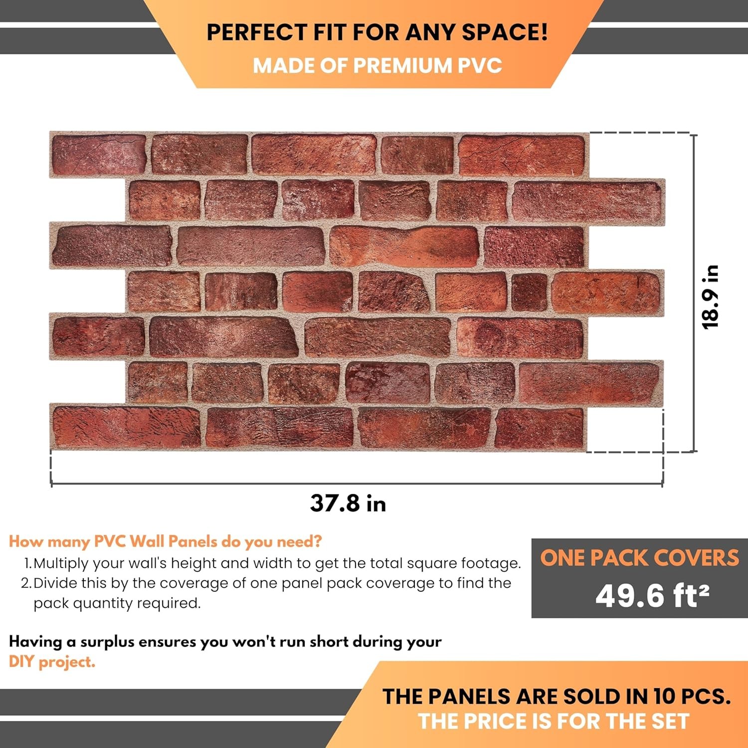 3D Faux Brick Wall Panels 37.8’’X18.9’’ – 10 Sheets, Covers 4.6 Sqm / 49.6