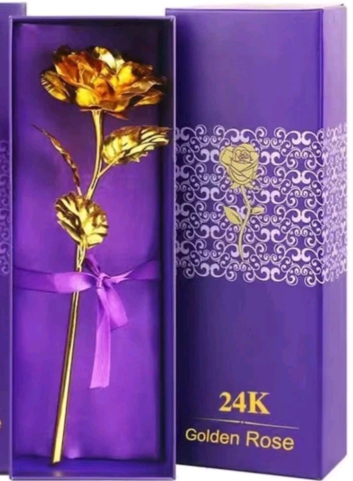 24K Golden Rose, ALLOMN Long Stem Real Rose Dipped in Gold with Gift Box