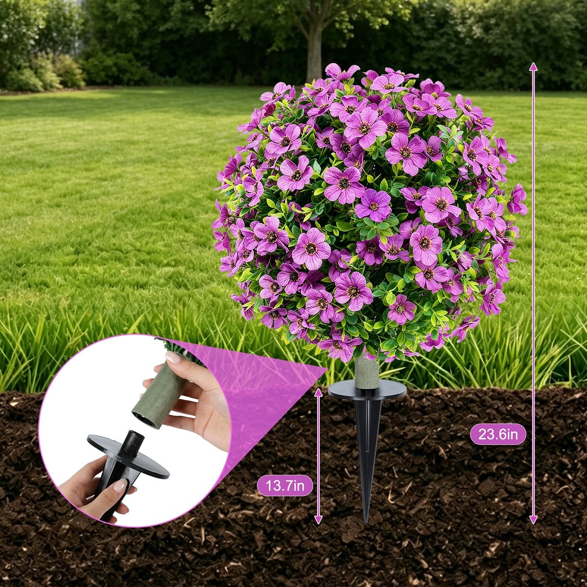 2 Pack Artificial Topiary Ball Trees Fake Violet Plants Shrubs Bushes w/Spike