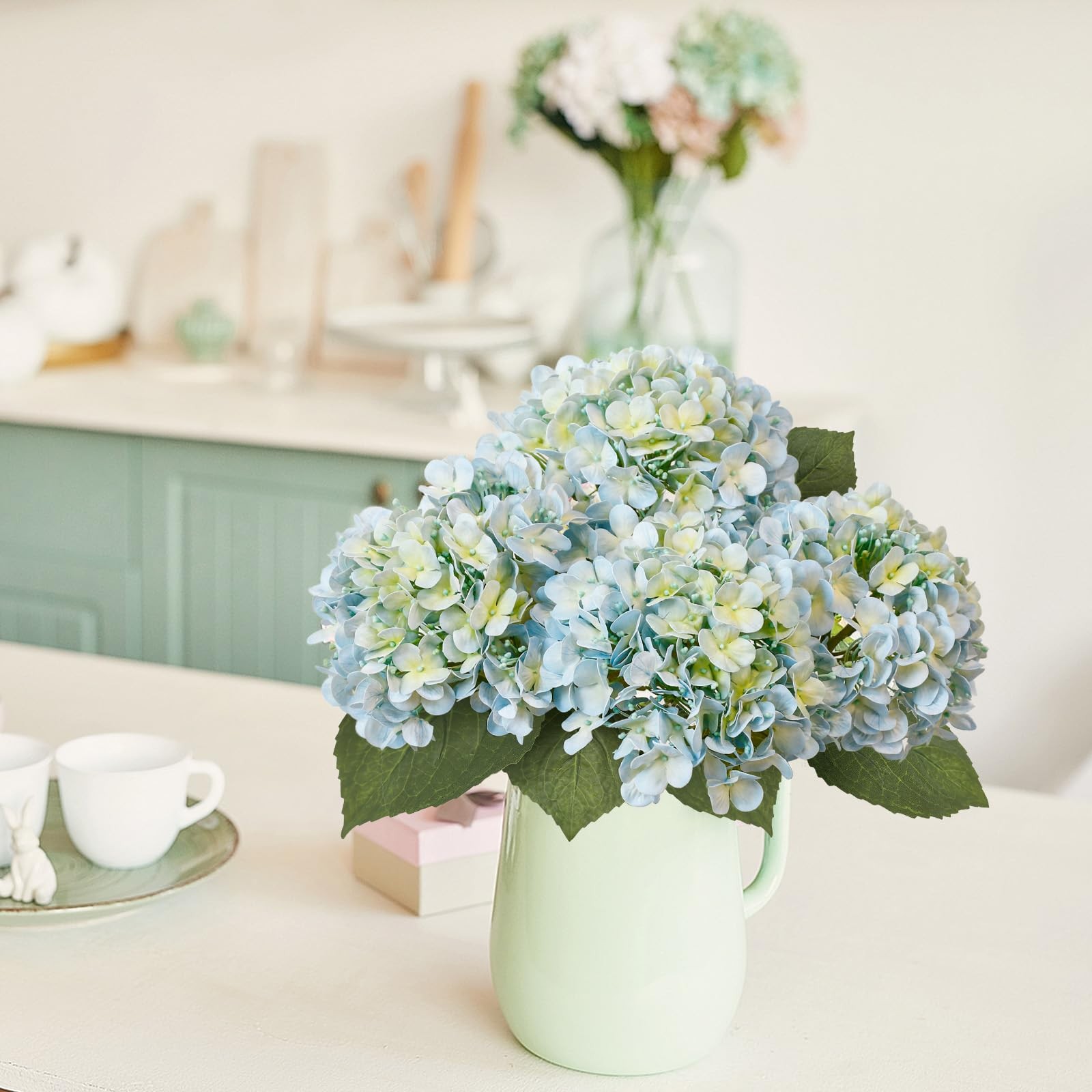 Light Blue Hydrangea Artificial Flowers 21″ Real Touch with 3 PCS Butterflies