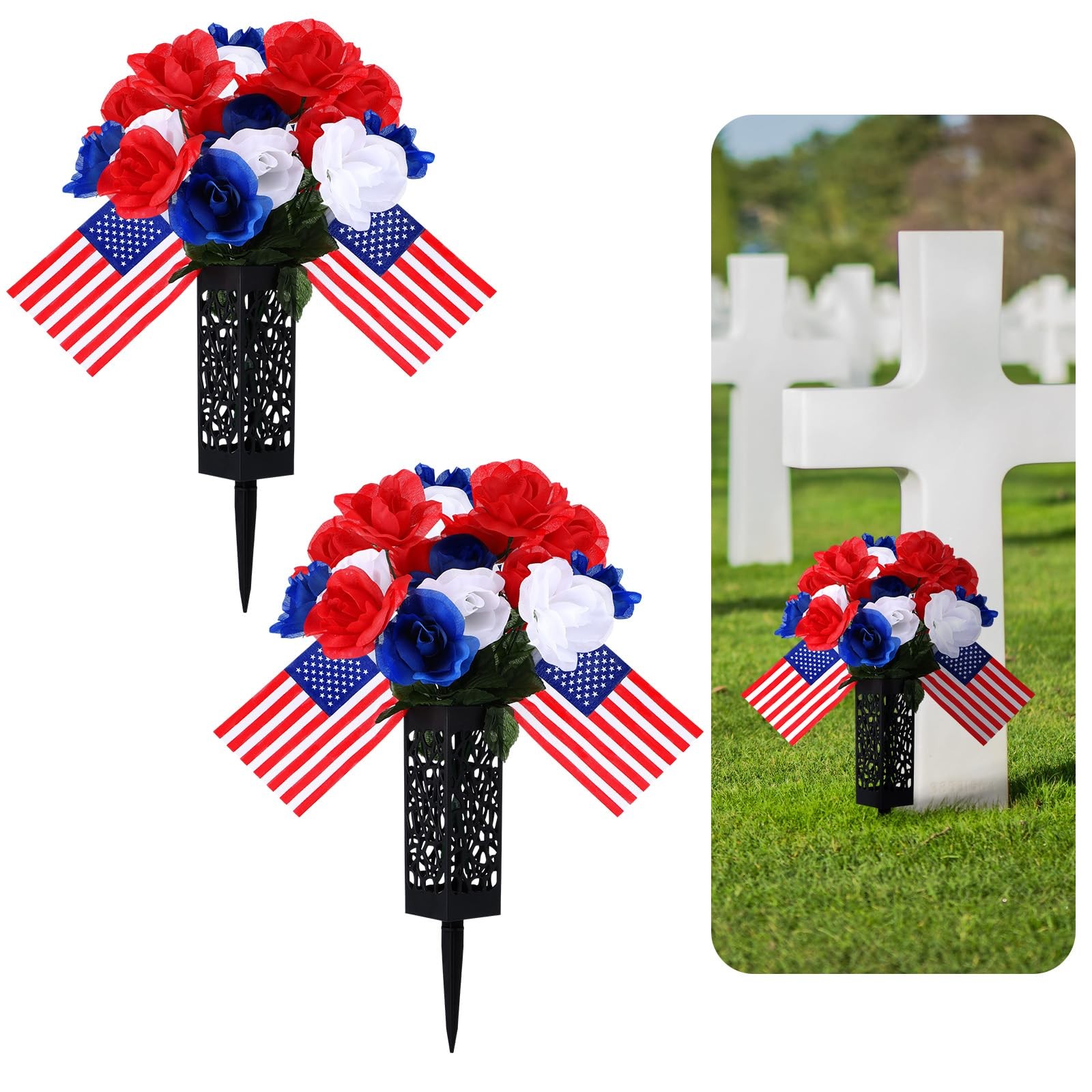 4 Pack Artificial Flowers for Cemetery 4th of July Red White Blue Flowers wit…