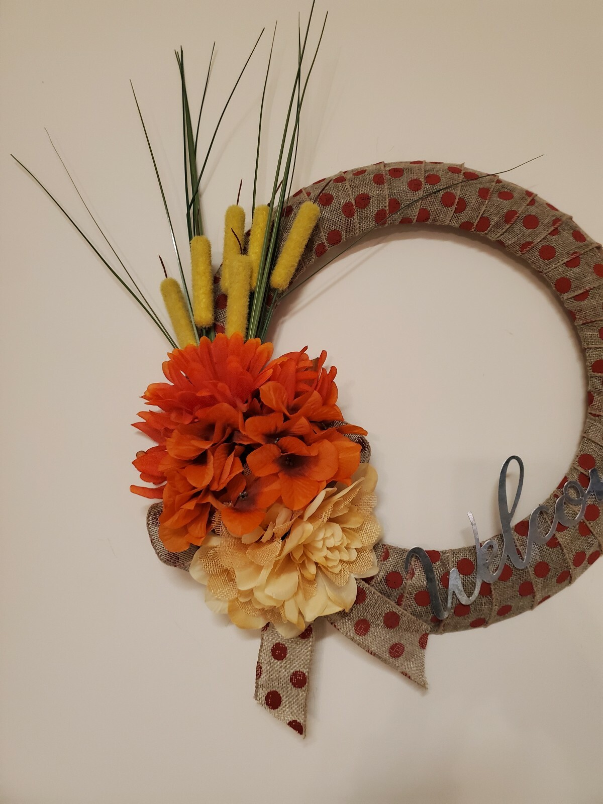 WELCOME wreath FLOWER Hydrangeas Foxtail burlap FALL autumn Decor Front Door 15