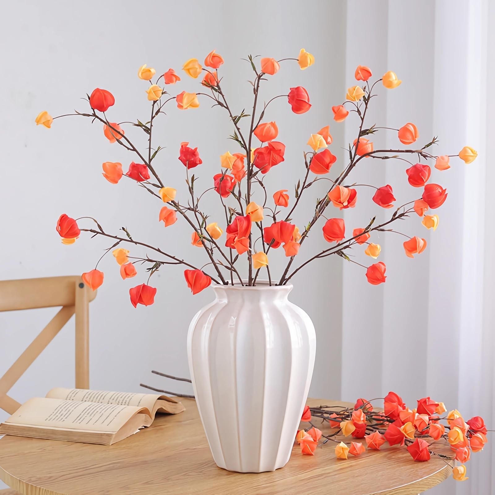 4pcs Artificial Chinese Lantern Flowers 29″ Fake Orange Silk Winter Cherry St…