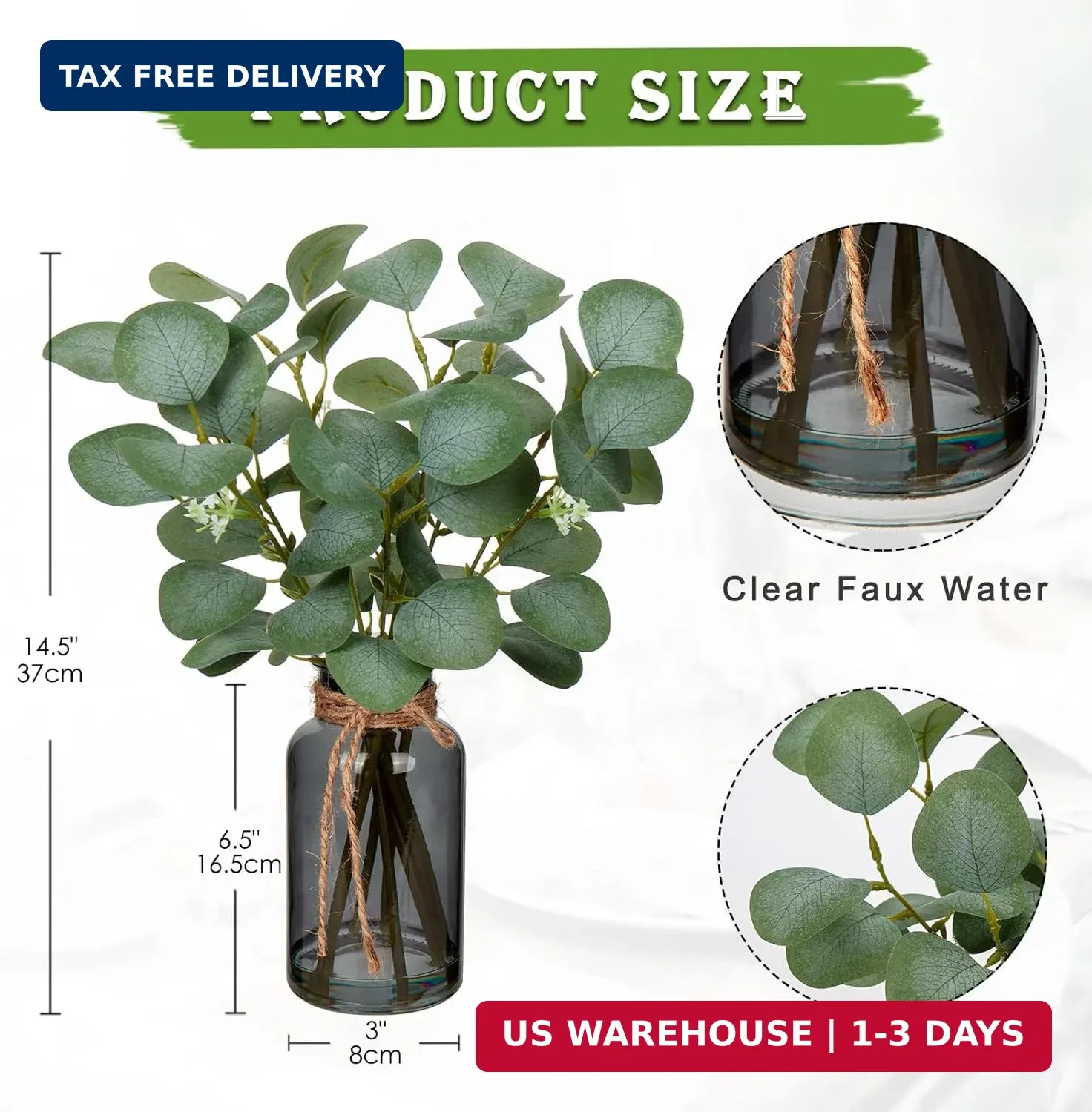 Briful Artificial Eucalyptus Stems in Black Glass Vase with Faux Water, 14″ Fake
