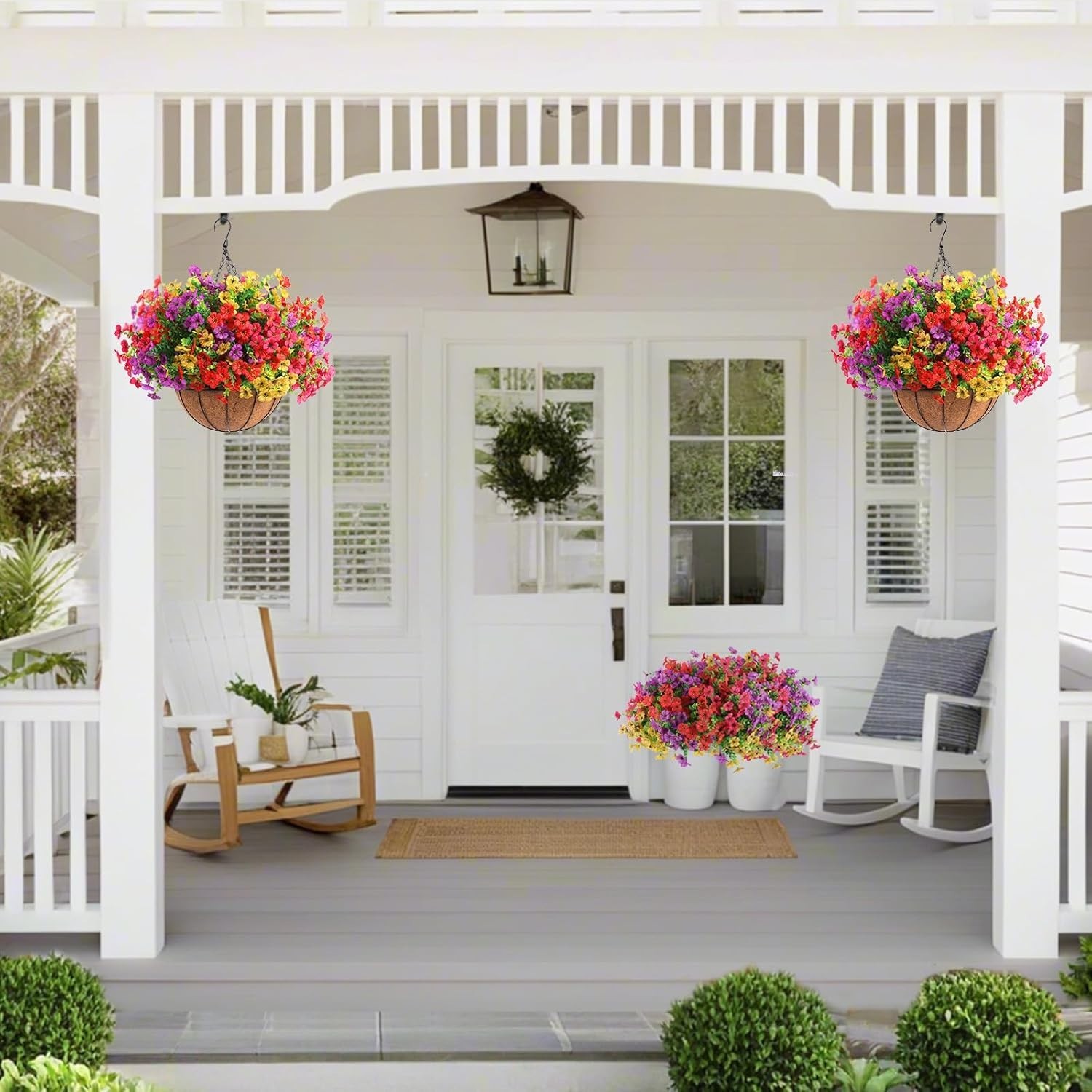 Vibrant Hanging Planters with 24 Realistic Artificial Flowers – UV Resistant Set