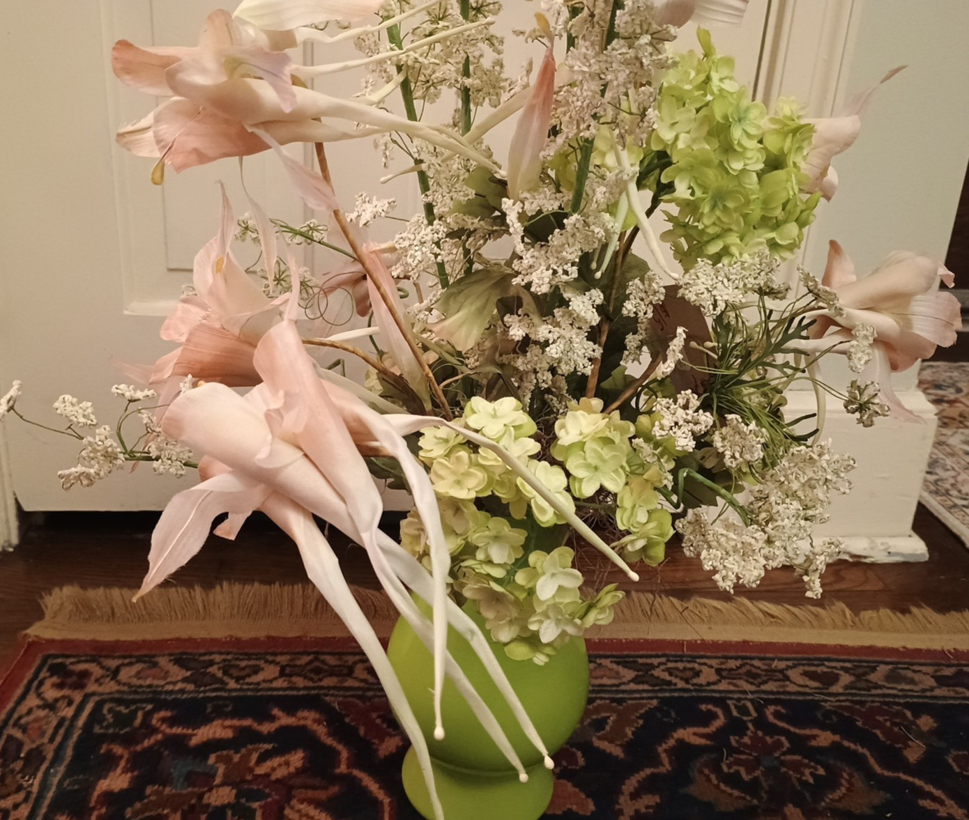Pink Lily Delphinium Hydrangea Faux Silk Flower Arrangement Floral Green Vase