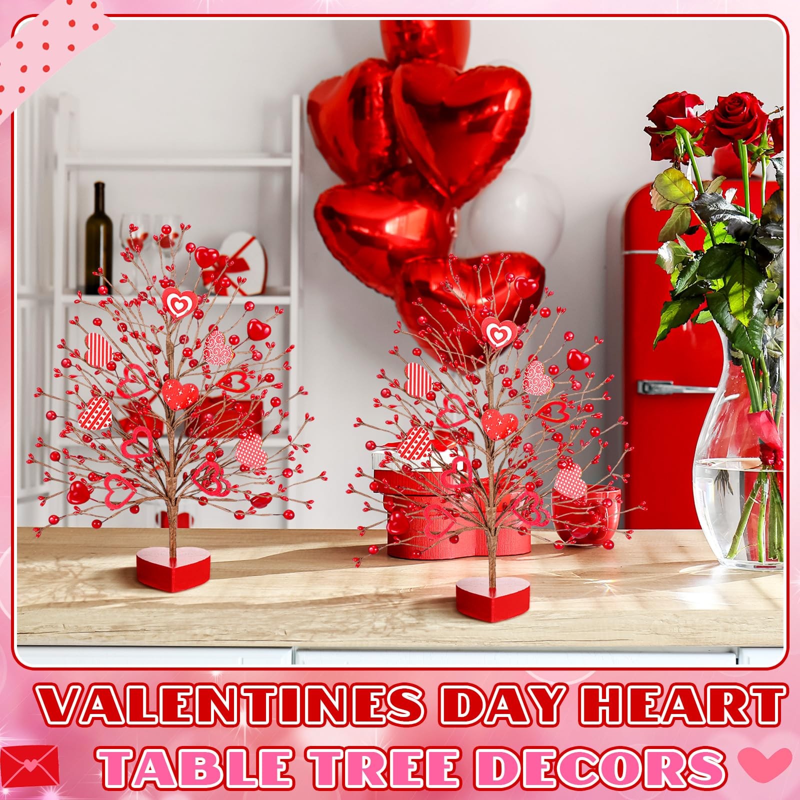 2 PCS 15 Inch Valentines Day Tree Heart Ornaments Tabletop Artificial Center