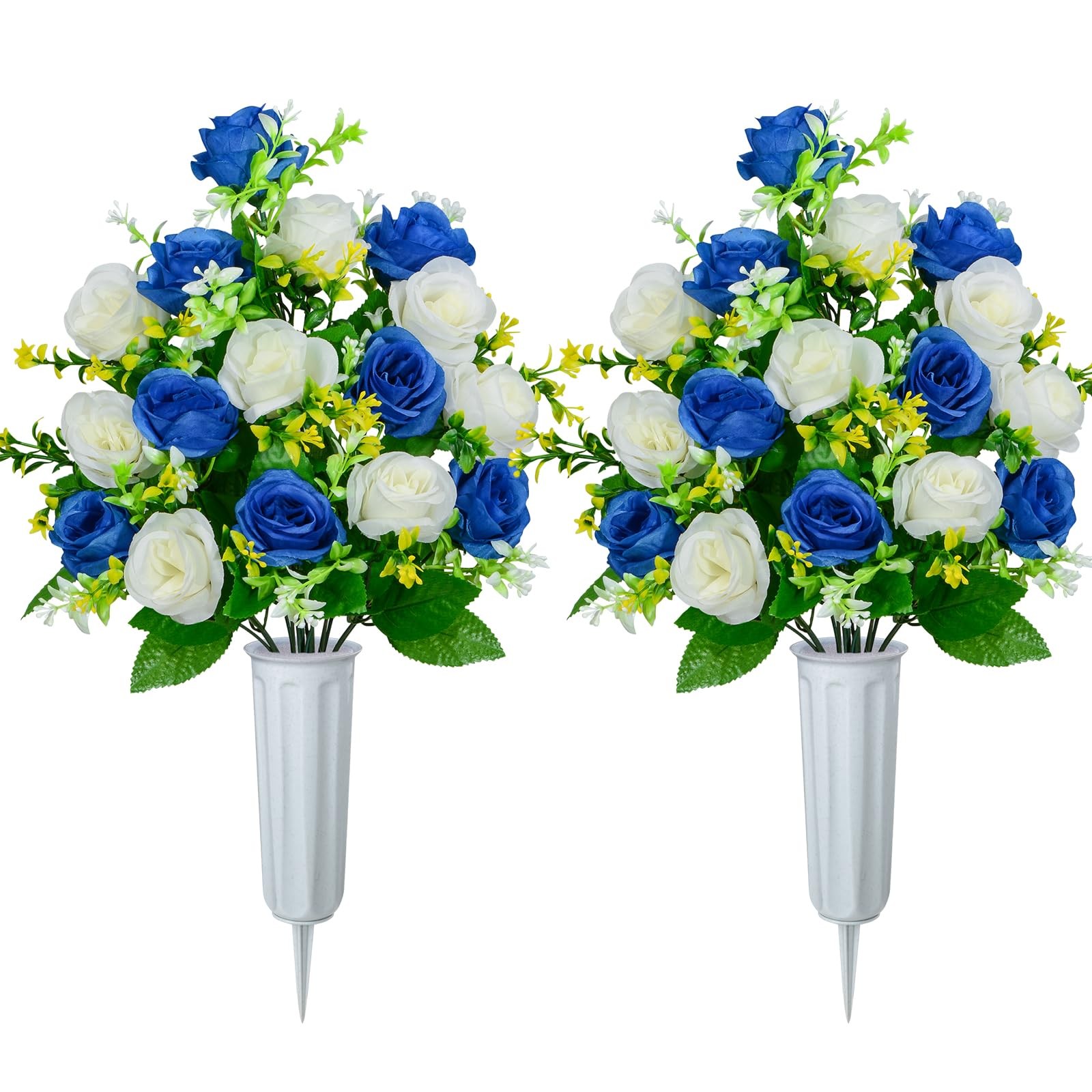 Cemetery Flowers Dark Blue & White Roses with Vases Memorial Headstone Set of 2