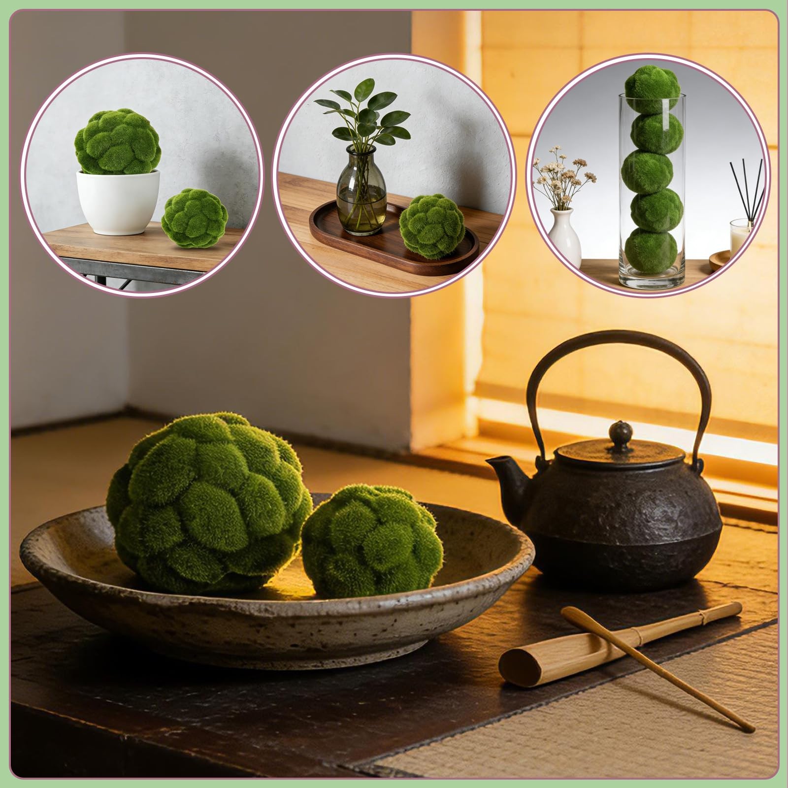 2 PCS Green Artificial Decorative Moss Balls 4″ & 4.7″ Faux Globes Bowl Filler