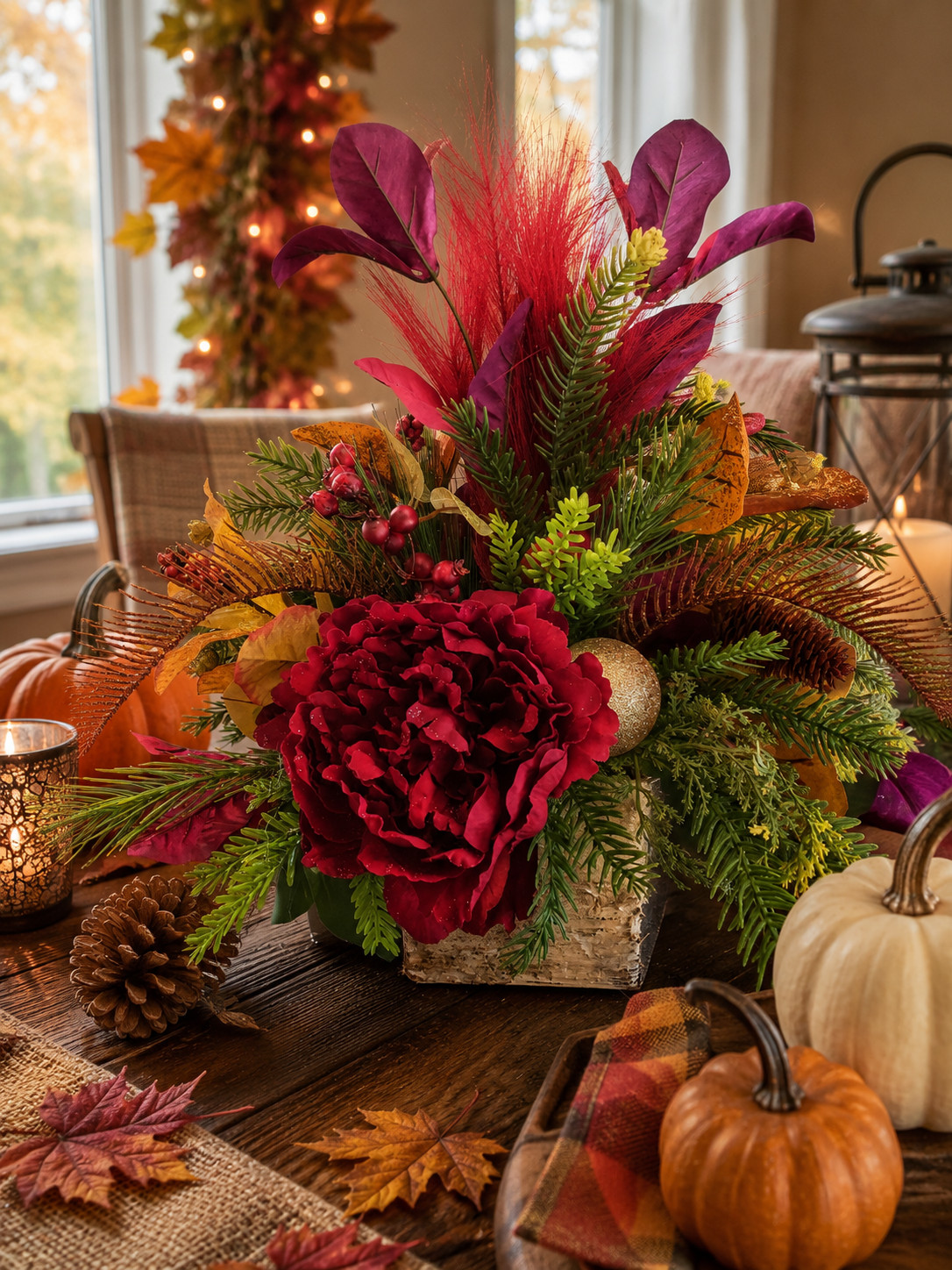 Burgundy Fall Floral Centerpiece, Autumn Table Decor, Rustic Thanksgiving Floral