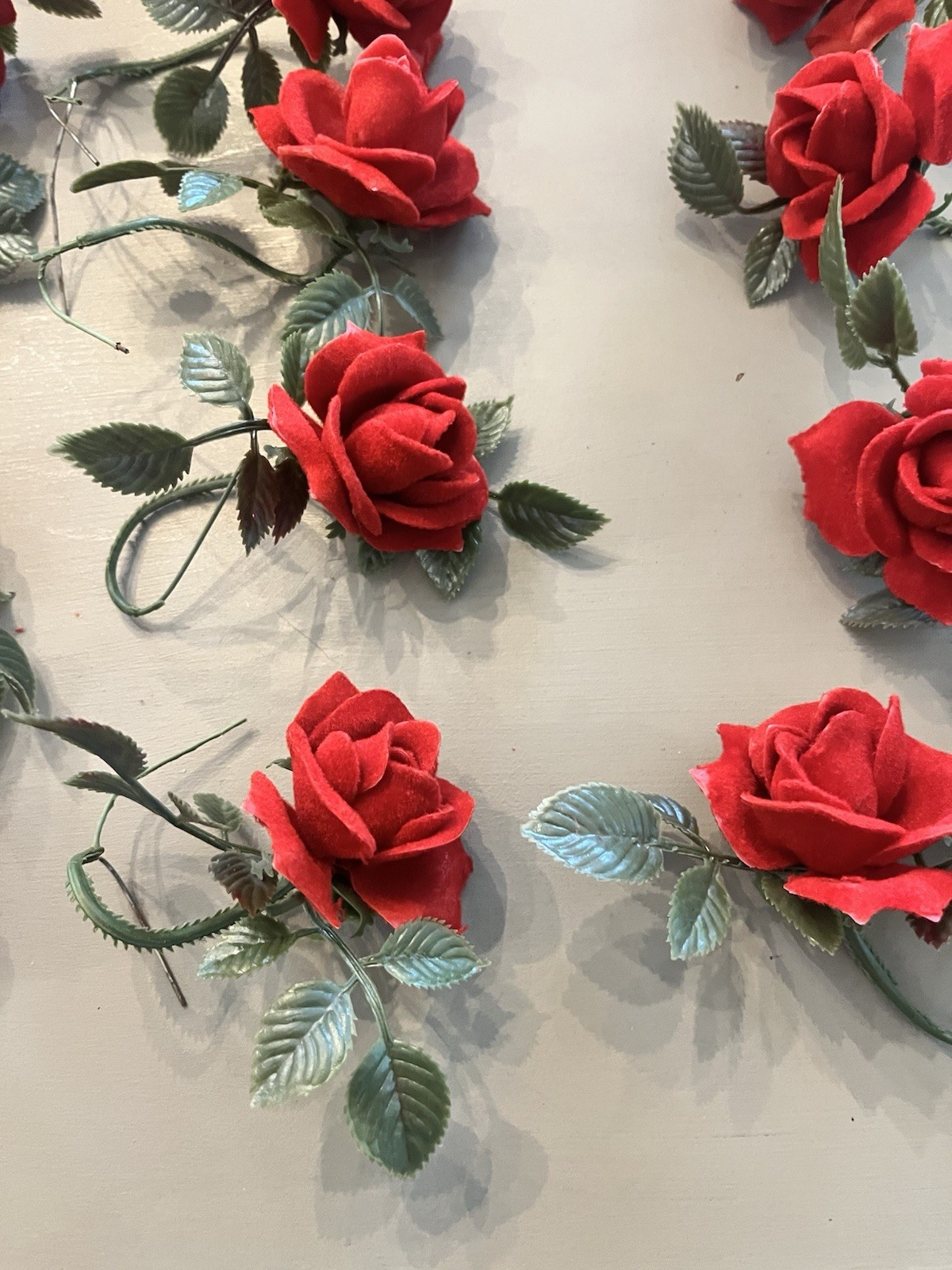 Vintage 29 flocked Plastic Red Roses Wired -6 NOS & 23 Unbagged Floral Decor