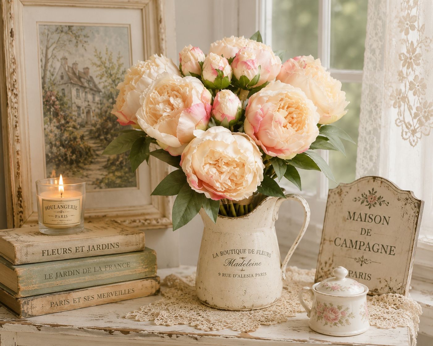 Faux Peony Bouquet Cream Pink Artificial Flowers Cottagecore Decor French Cottag
