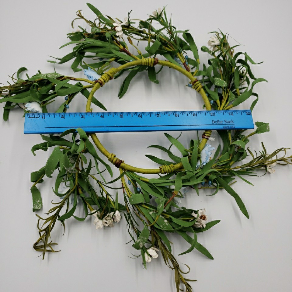 Primitive Floral Candle Ring Wreath Blue Flower Pips Cottage Spring Summer 6″ id
