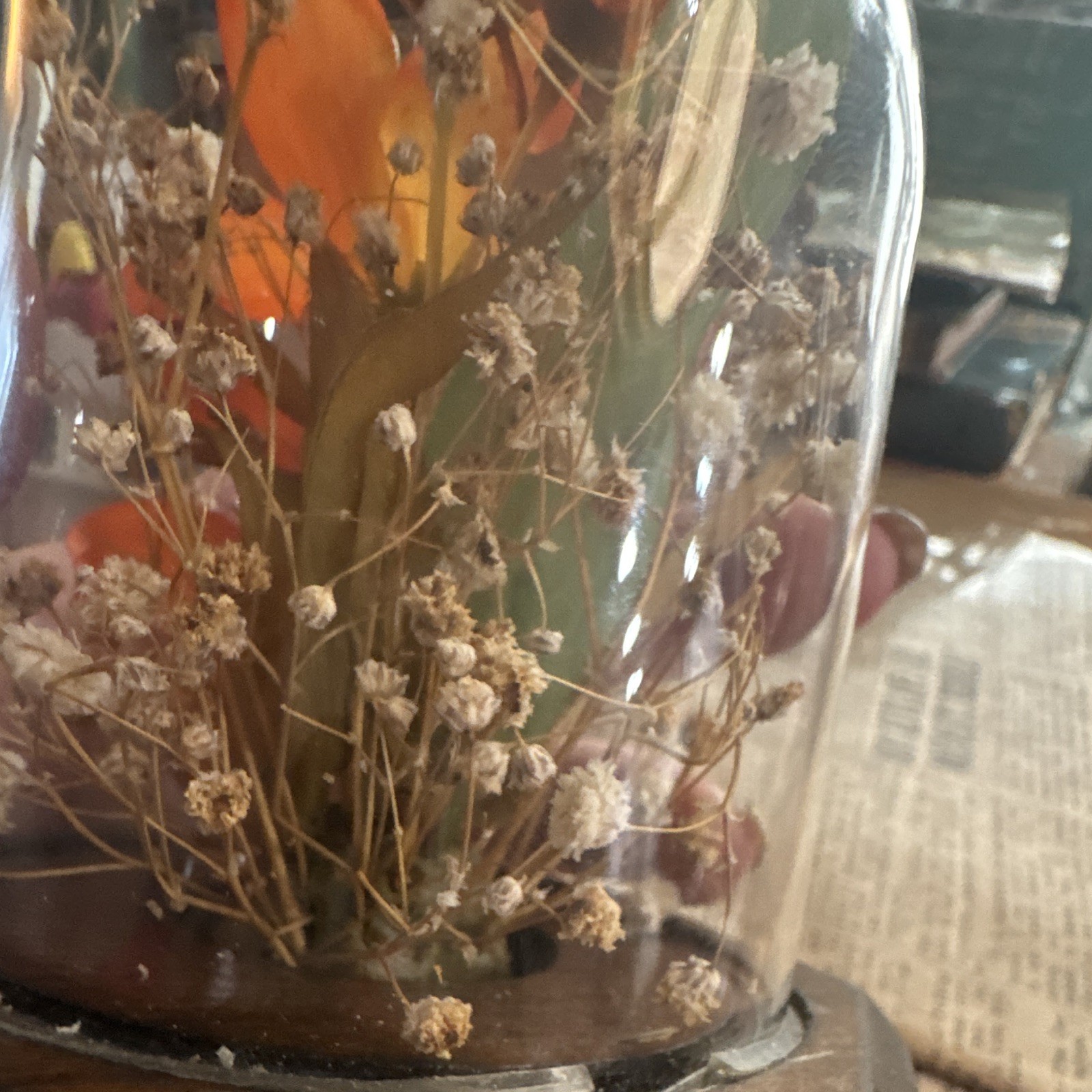 Vintage Floral Orange Lily Arrangement in Glass Cloche on Wood Base mcm whimsy
