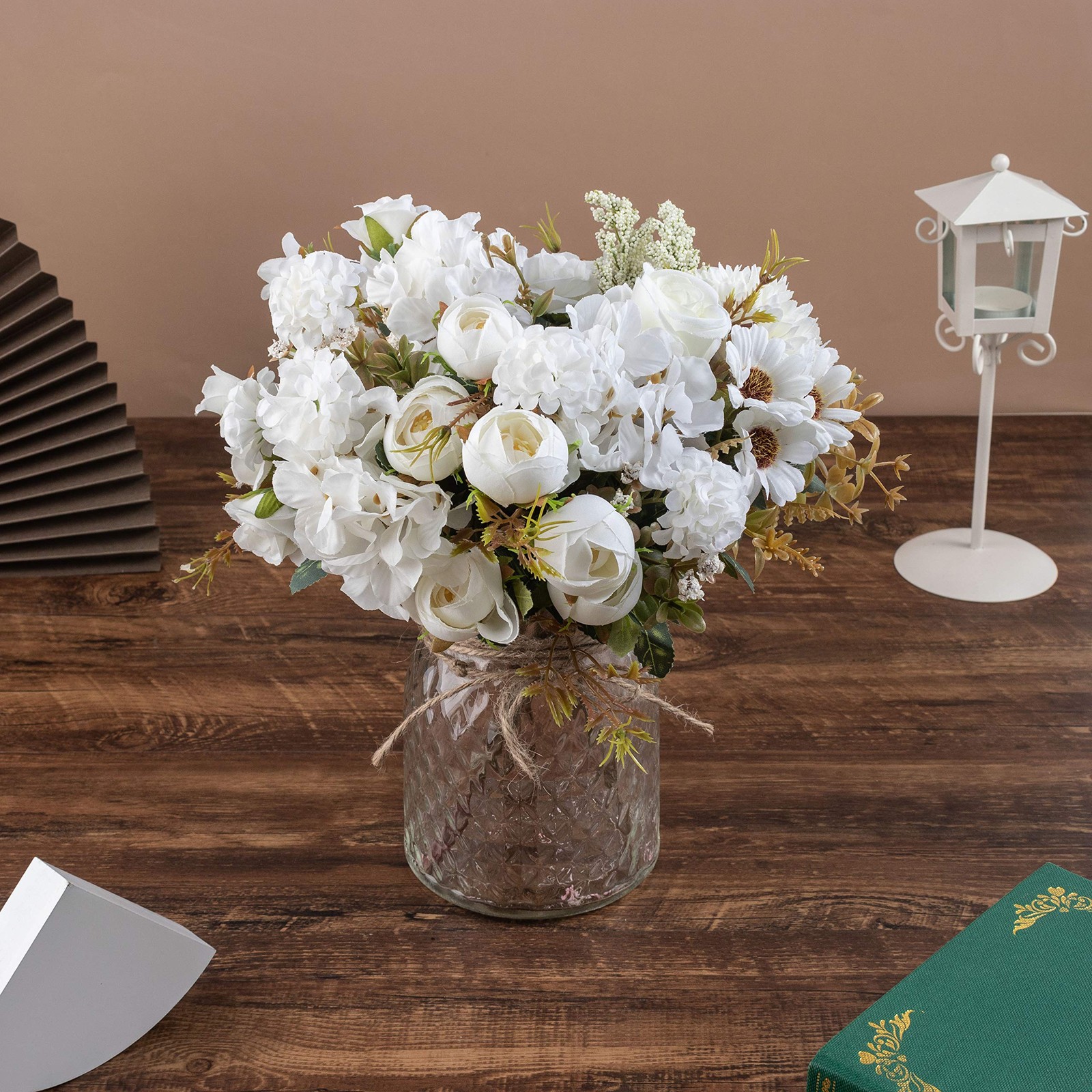 Aitificial LED White Rose Flowers with Glass Vase, Flower Arrangement for Table