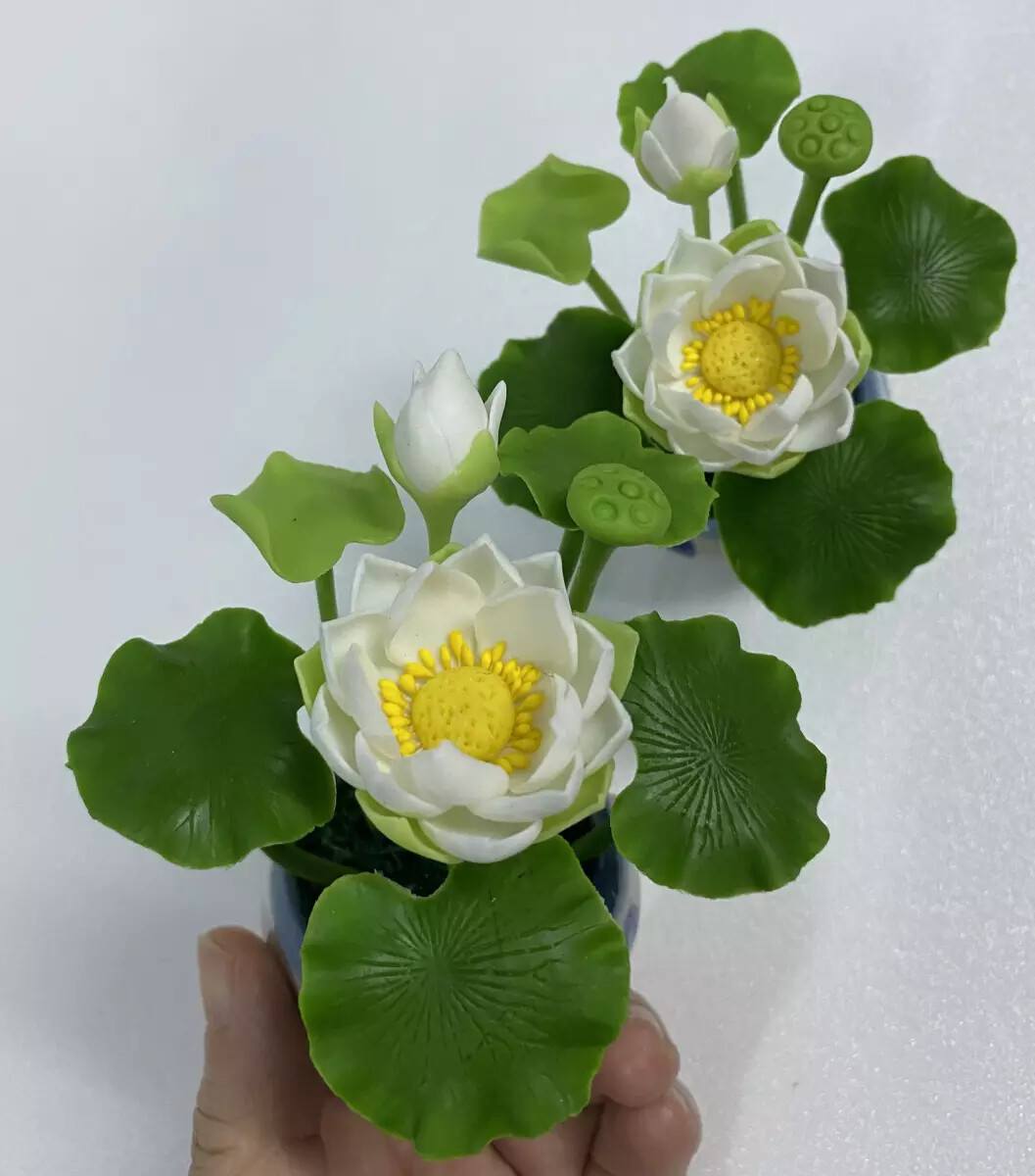 3″ Thai Handmade Lotus Clay Flower Artificial Plant Miniature Worship White Pair