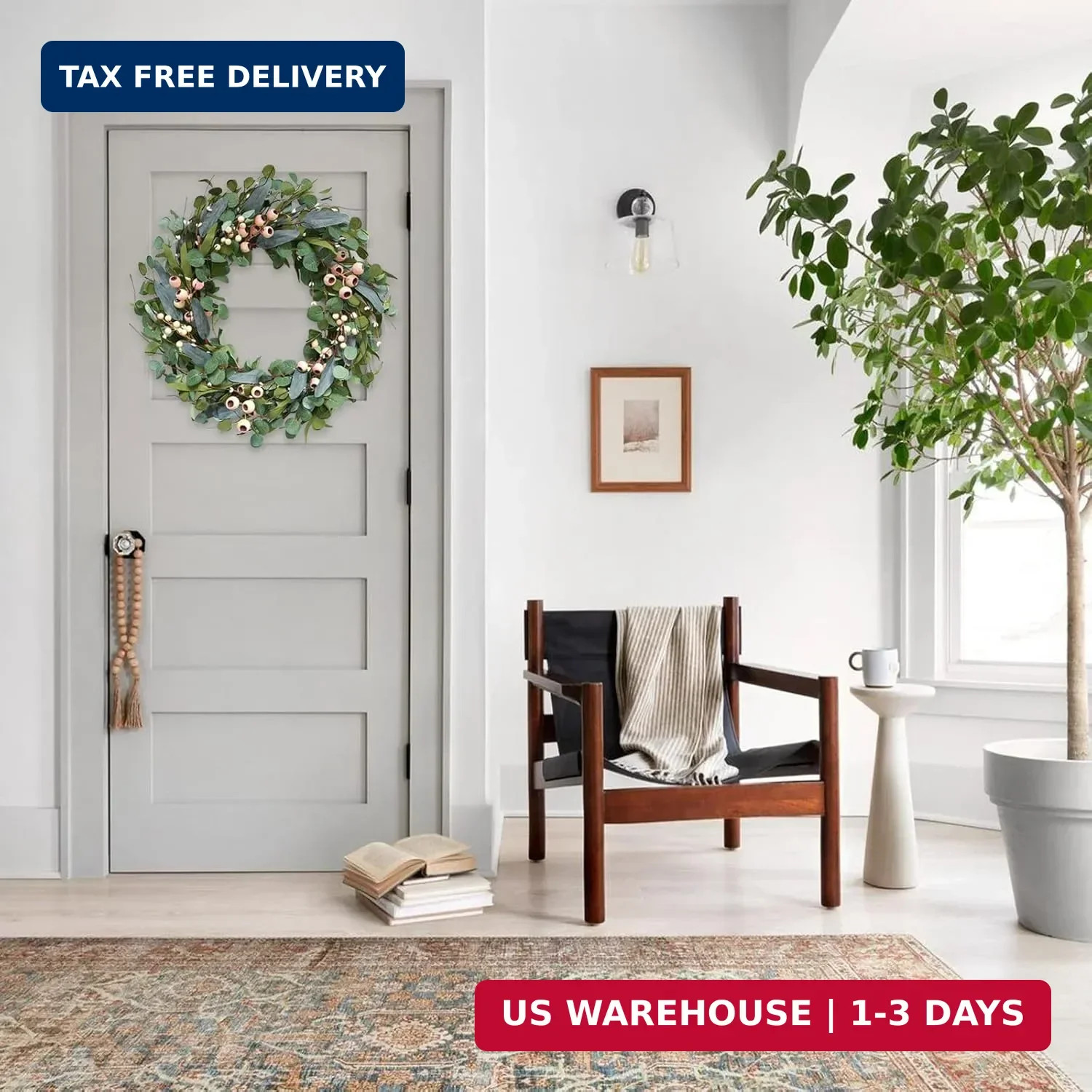 Large Green Eucalyptus Wreath (20 inches), Artificial with White Berries