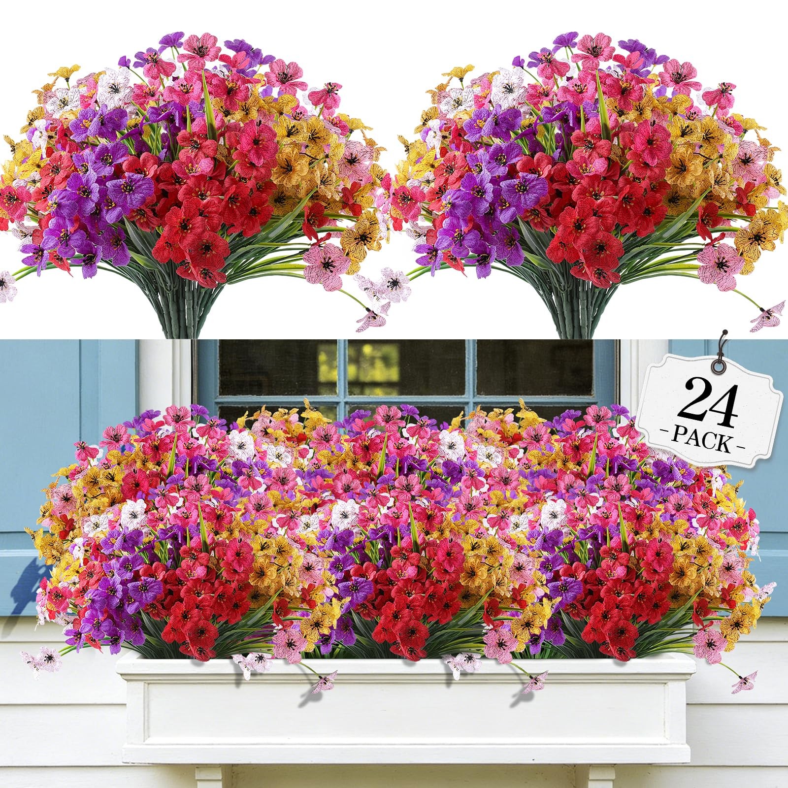 24 Bundles Artificial Flowers for Outdoor,Fake Flowers No Fade Plastic Faux P…