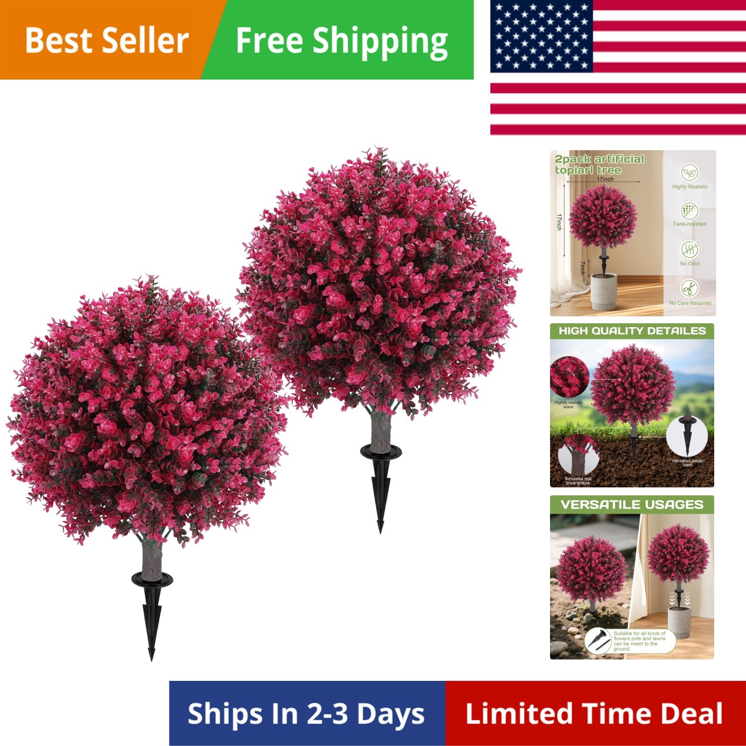 Artificial Red Eucalyptus Topiary Ball Tree 24″ with Ground Spike, Set of 2 A…