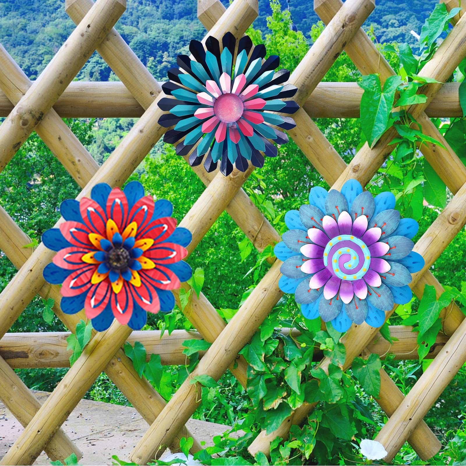 LITIALLY 12 Inches Metal Flower Wall Art Garden Decor 12″L x 12″W, Pink Blue