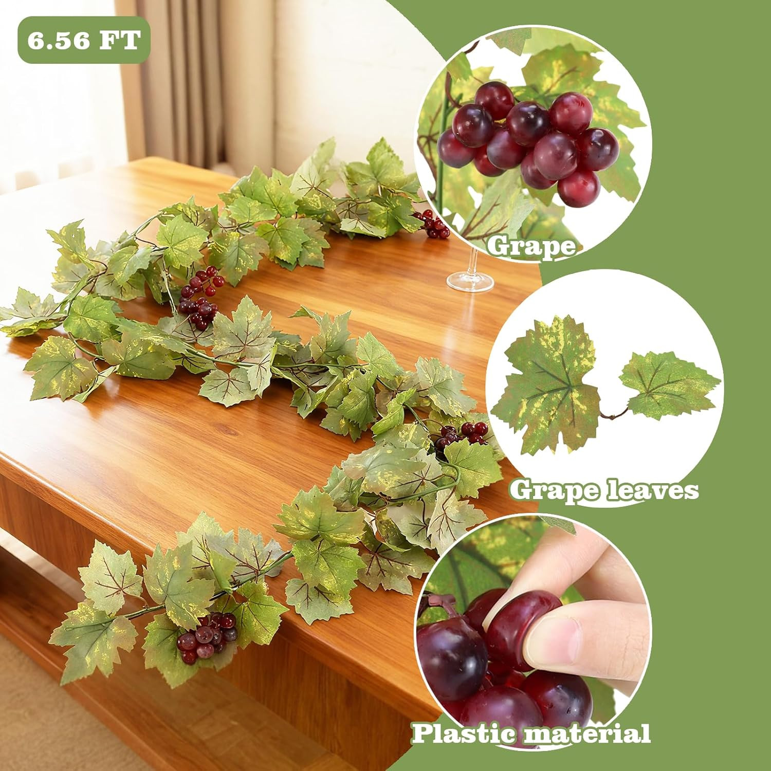 4PCS Artificial Grape Vines with Leaves for Home Decor & Party Display 6.56Ft
