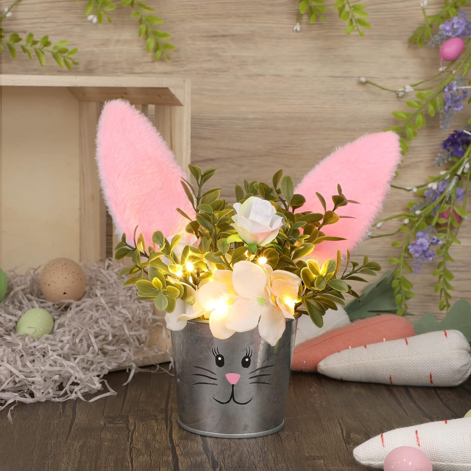 Easter Table Decorations Artificial Flower with Bunny Ear, Lighted Easter Desk D