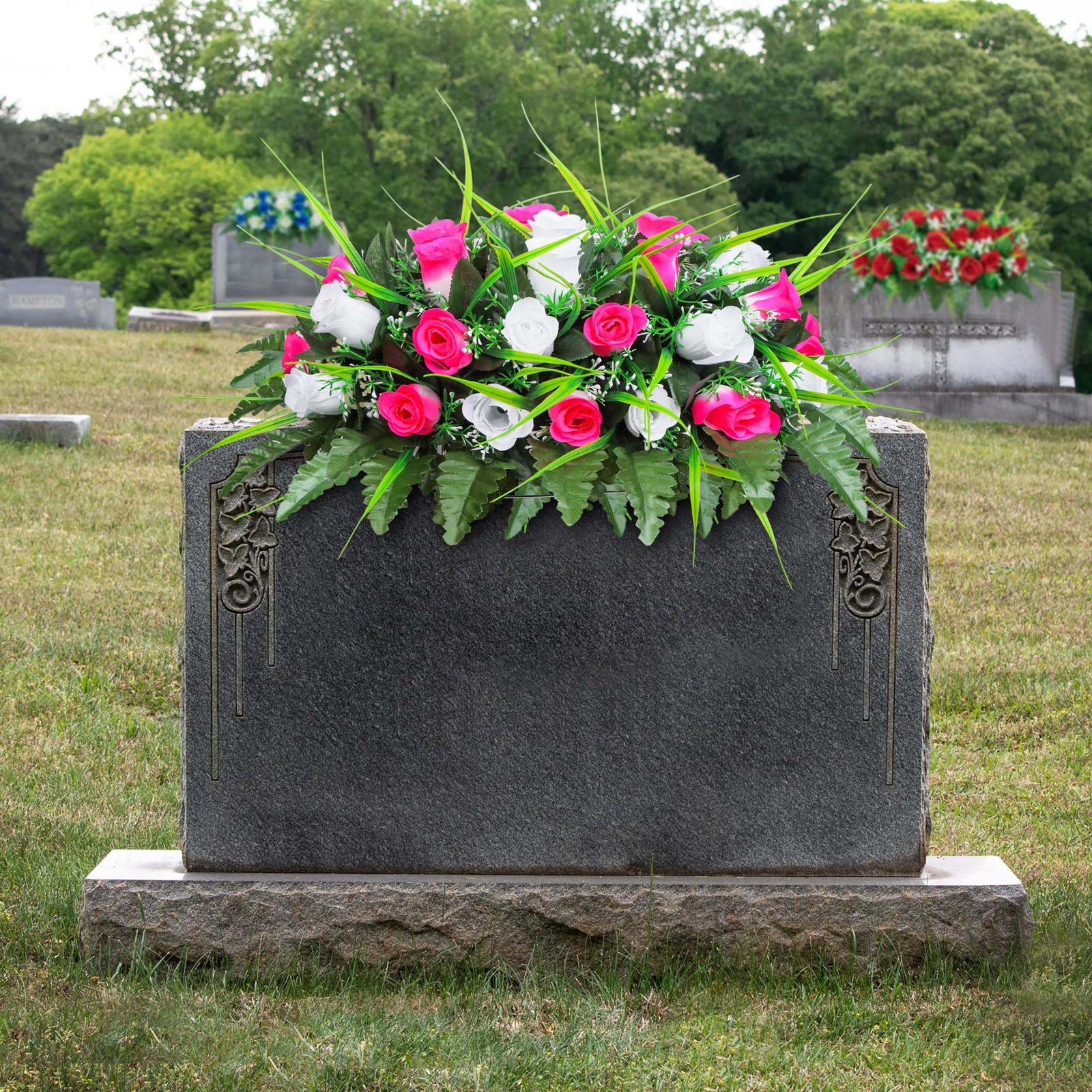 Artificial Cemetery Flower-Outdoor Grave Saddle Headstone Decorations,Pink an…