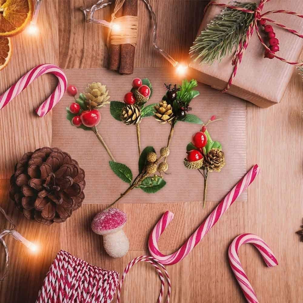 20 PCS Christmas Pine Picks With Red Berries Cones Artificial DIY Crafts Gift