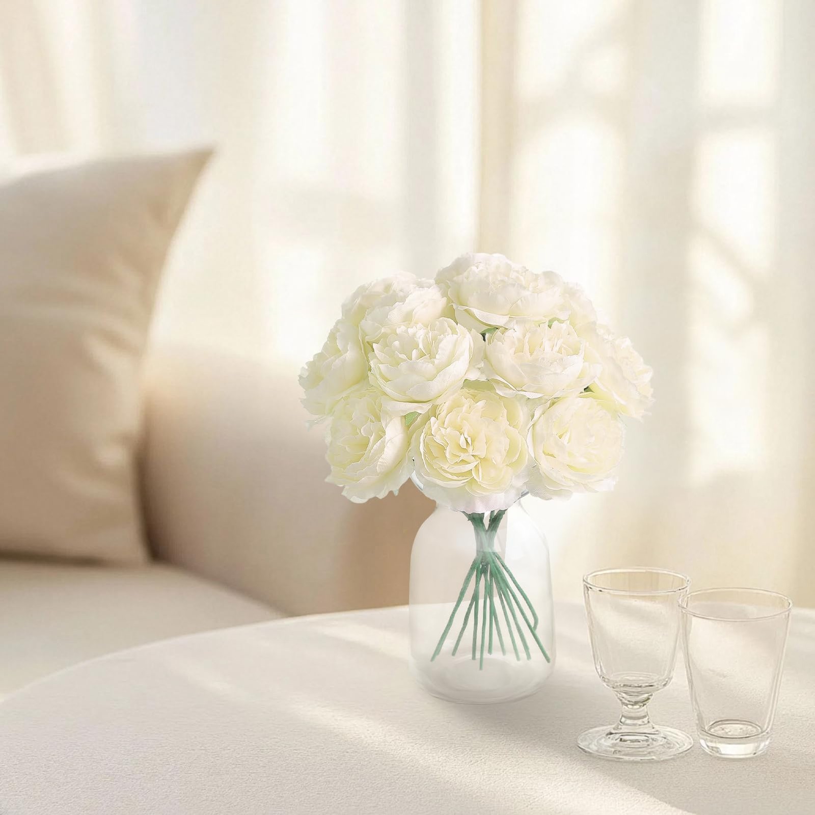 12 PCS Artificial Silk Ivory Peony Flowers with Stems – 8 Inch Fake Peony Bou