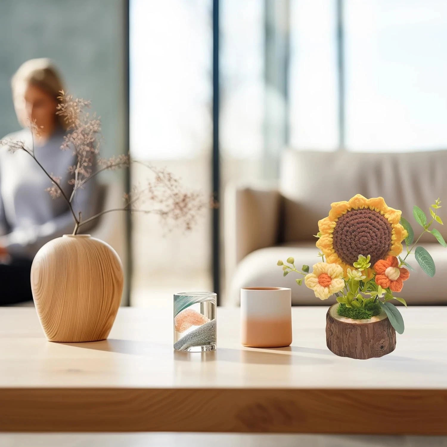 Handmade Crochet Sunflower Bouquet Knitted Potted Plant Mini Desktop Decor Gift