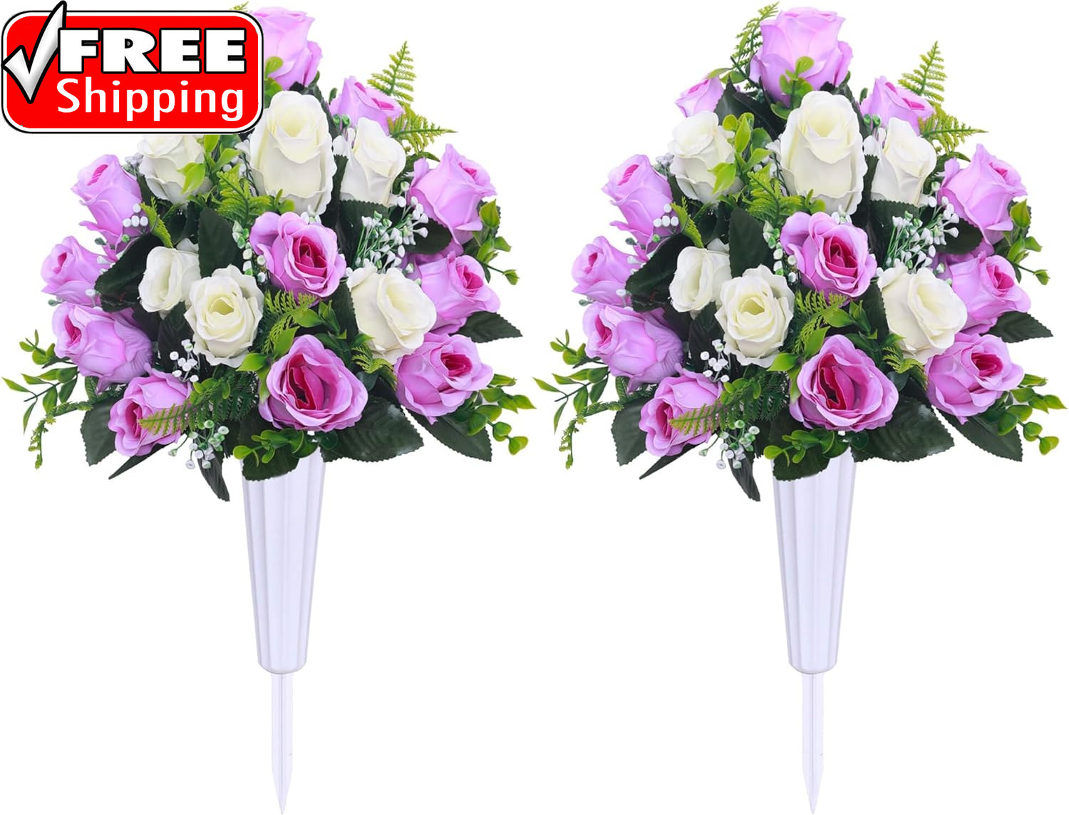 Artificial Cemetery Flowers,Set of 2 Grave Decorations Roses, Tombstone Memorial
