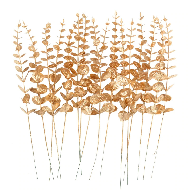 10Pcs Gold Eucalyptus Leaves Branch Artificial Plants Christmas New Year Deco