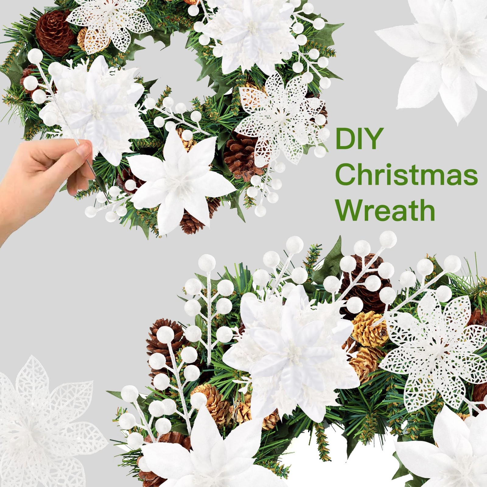 30 PCS White 3 Styles Artificial Christmas Glitter Poinsettia Flowers Picks