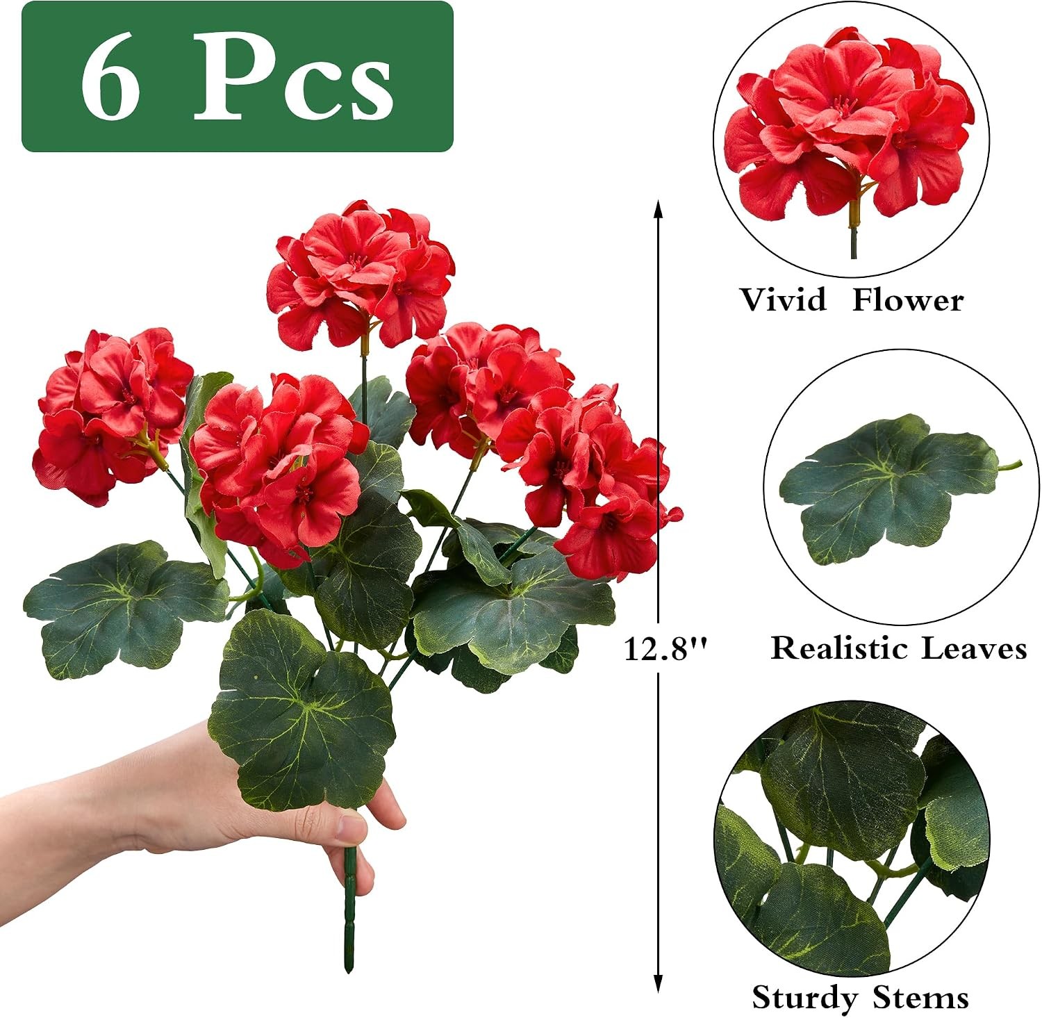 Artificial Geranium Flowers for Outdoors: 6 PCS Realistic UV Resistant Faux Red