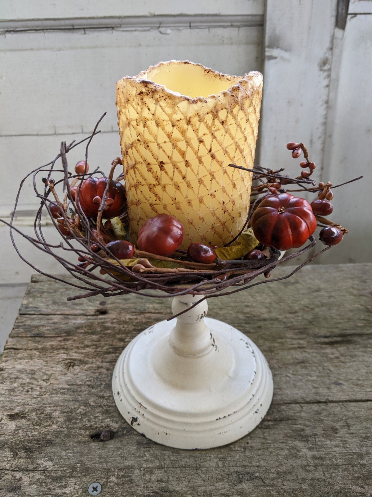 PUMPKIN BERRY CANDLE RING WREATH Pip Leaves Twig Autumn Fall Harvest 8″ x 3.5″