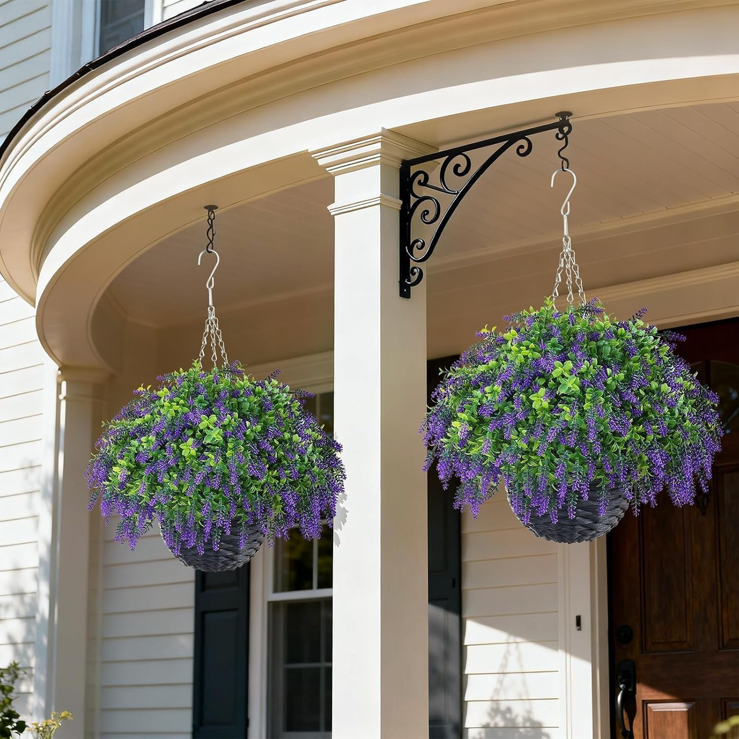UV-Resistant Artificial Lavender & Boxwood Hanging Baskets – 2 Set for Outdoor D