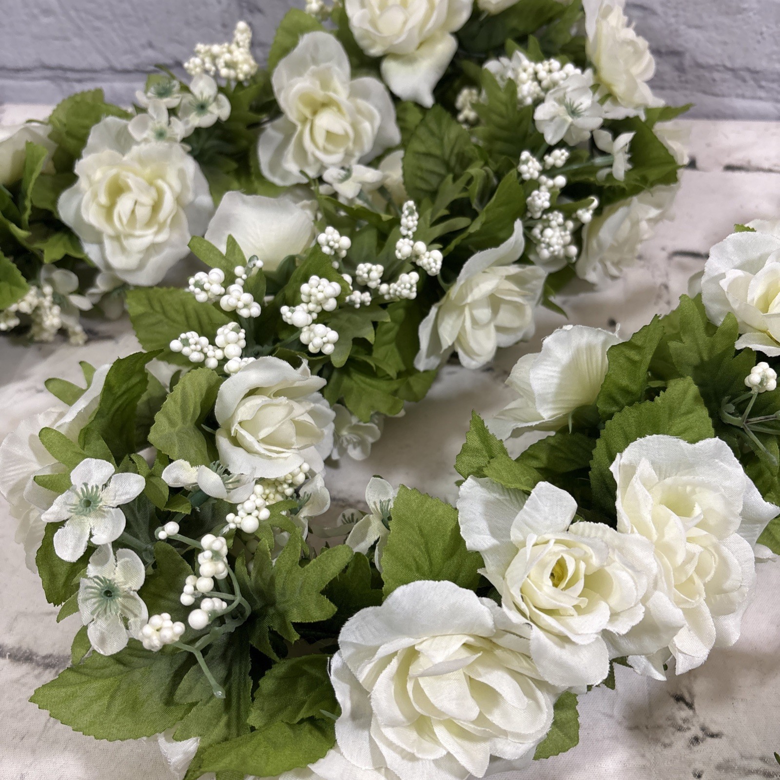 Vintage Wedding Garland White Roses Baby’s Breath Artificial Flower Decor 62”