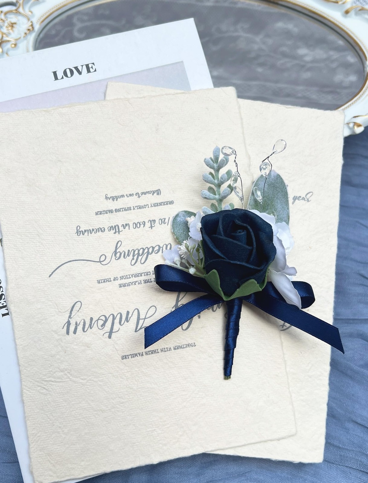6 PCS Rose Boutonniere Men Artificial Flowers Wedding Groom Navy Blue