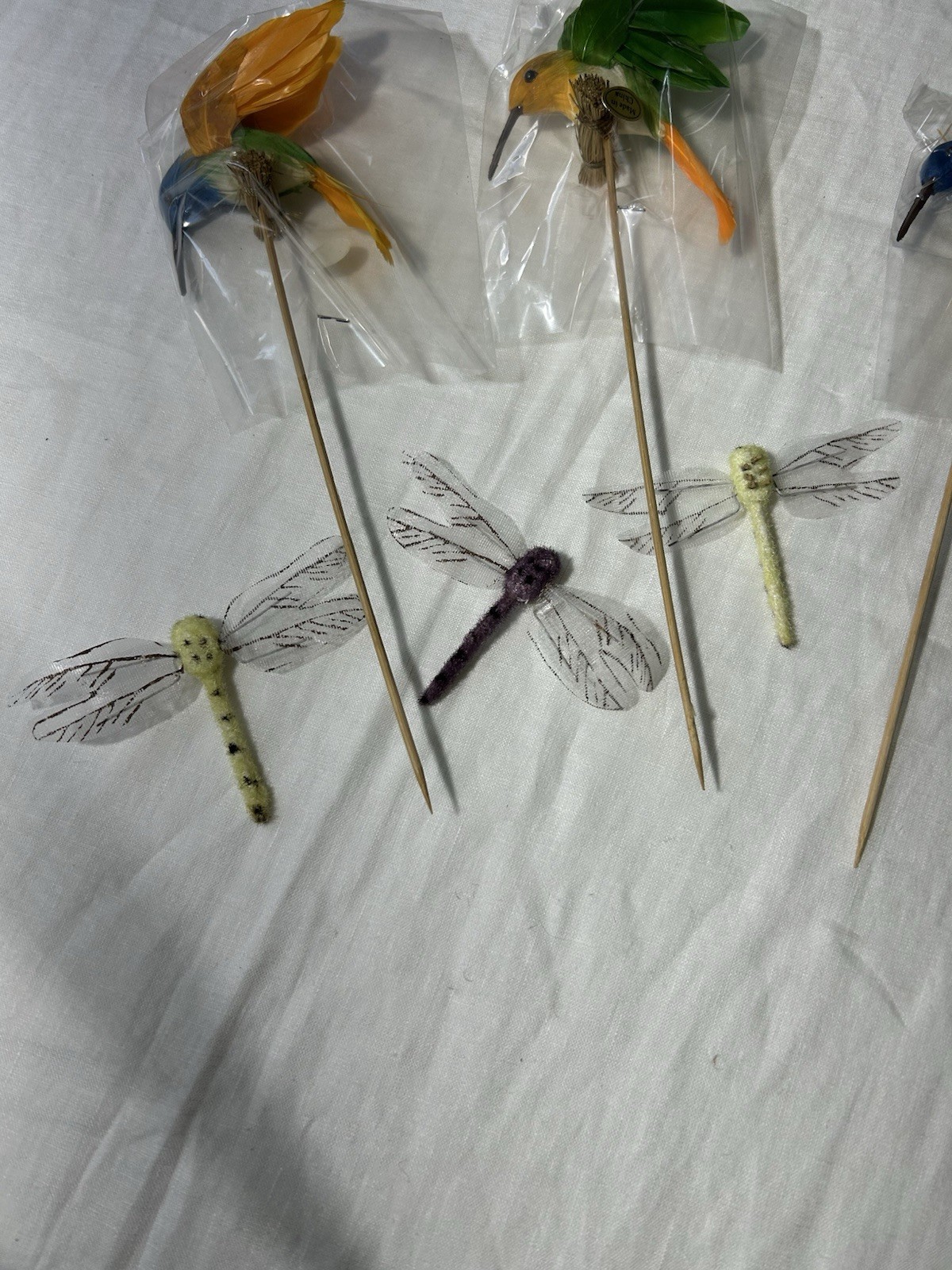 Artificial Hummingbird Picks Set Of 3 w/ 4 Artificial Dragonflies