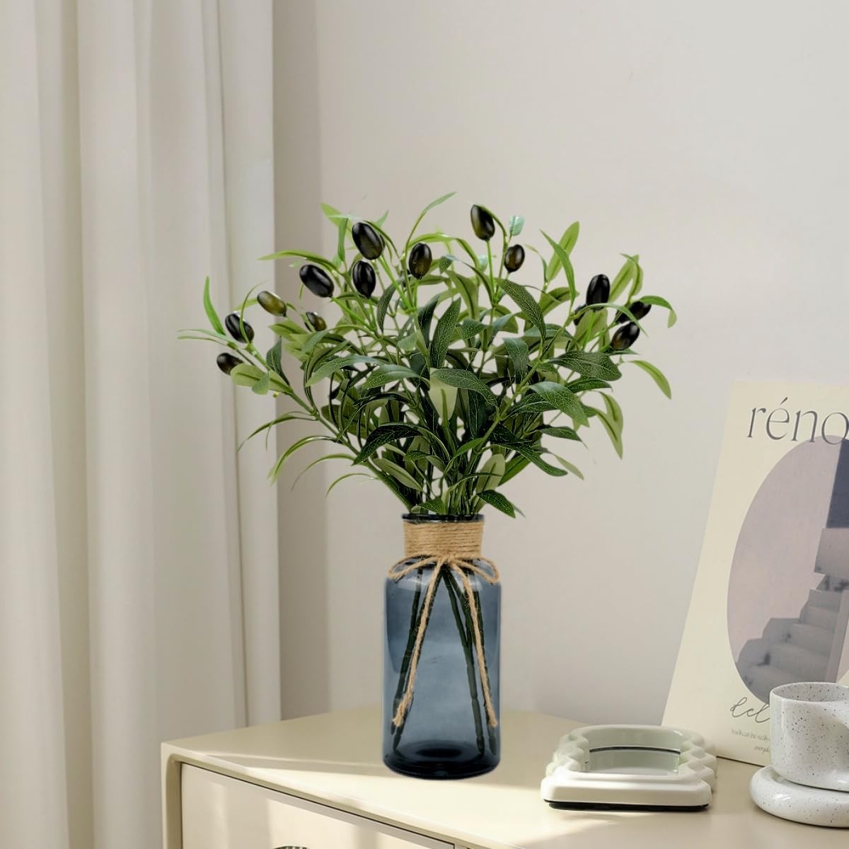 Artificial Plants Olive Branch in Glass Vase, 14.5” Fake Plant Greenery Stems…