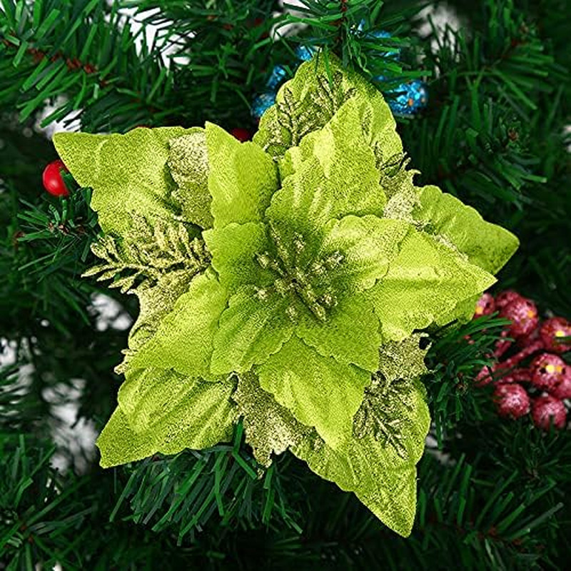 12Pcs Glitter Christmas Poinsettia Flowers 7 Inch Large Artificial Flower Orname