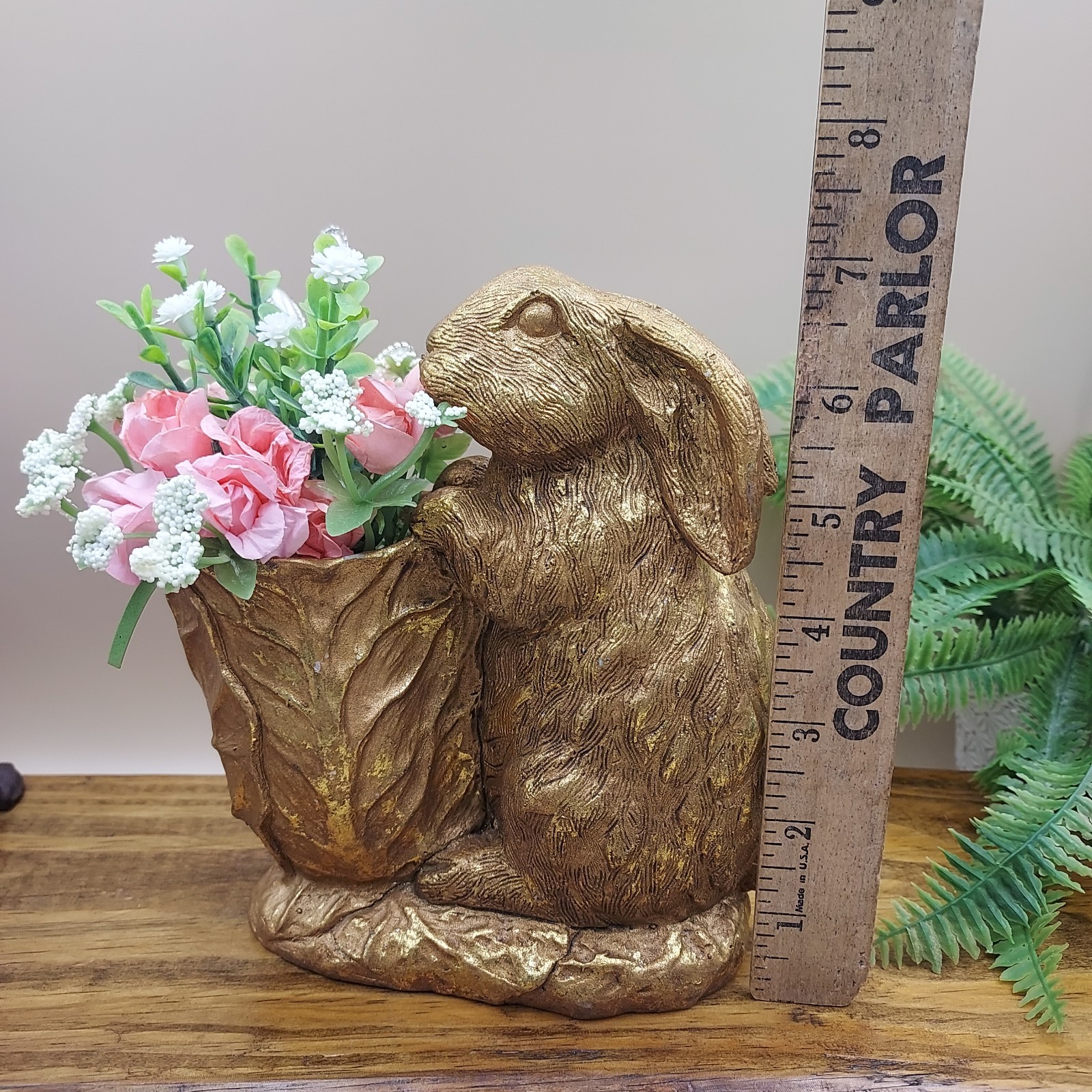 BUNNY & CABBAGE PLANTER Table Decor Gold Rabbit w Pink Mini Roses / Flowers