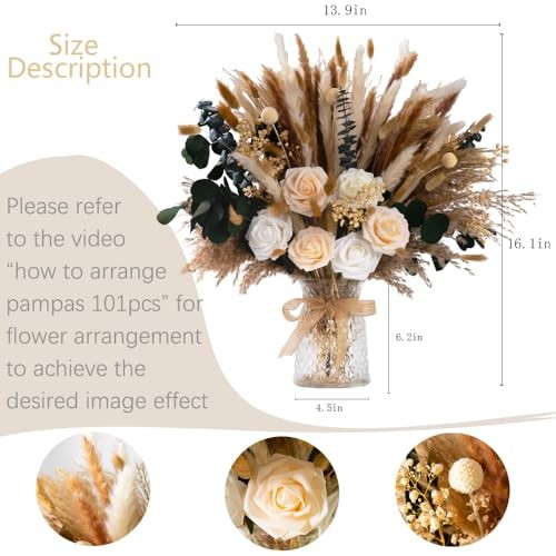 Artificial Flowers in Vase Natural Dried Pampas Grass Decor with Vase 101pcs