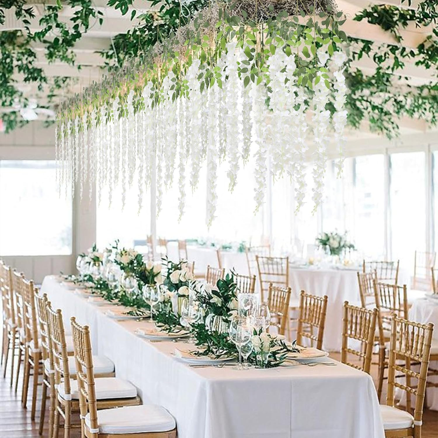 48 Pack White Wisteria Vine Garland – 172.8 Feet Silk Flowers for Decor