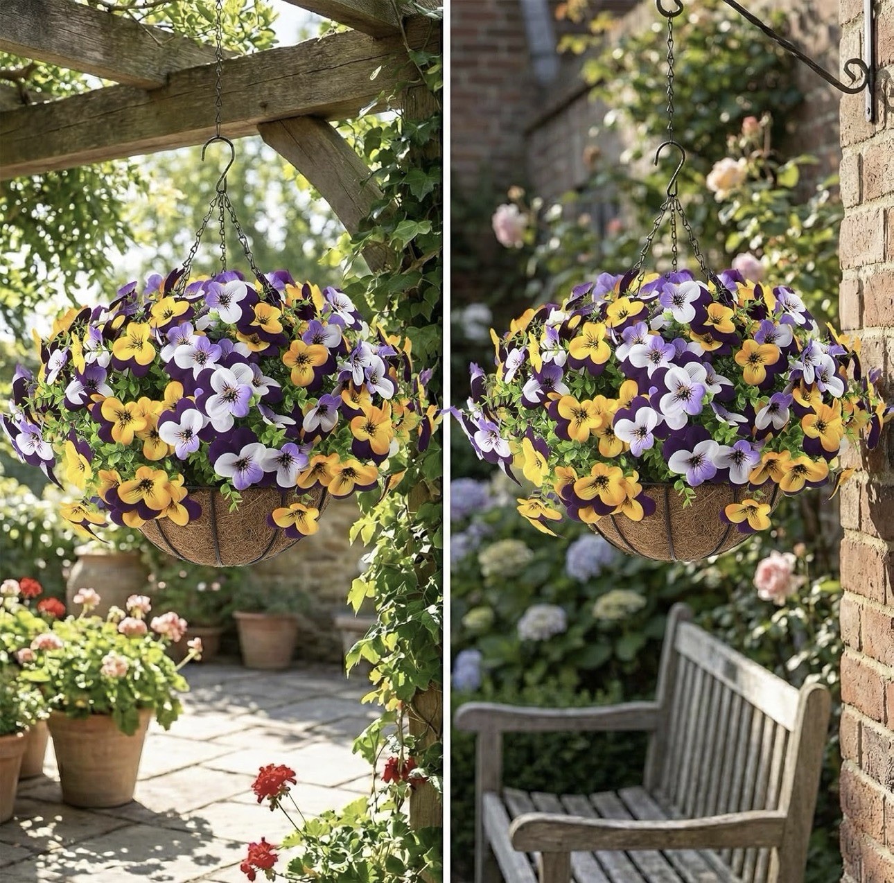 2 Set Artificial Outdoor Pansy Flowers with Hanging Baskets, 2 Hanging Baskets w